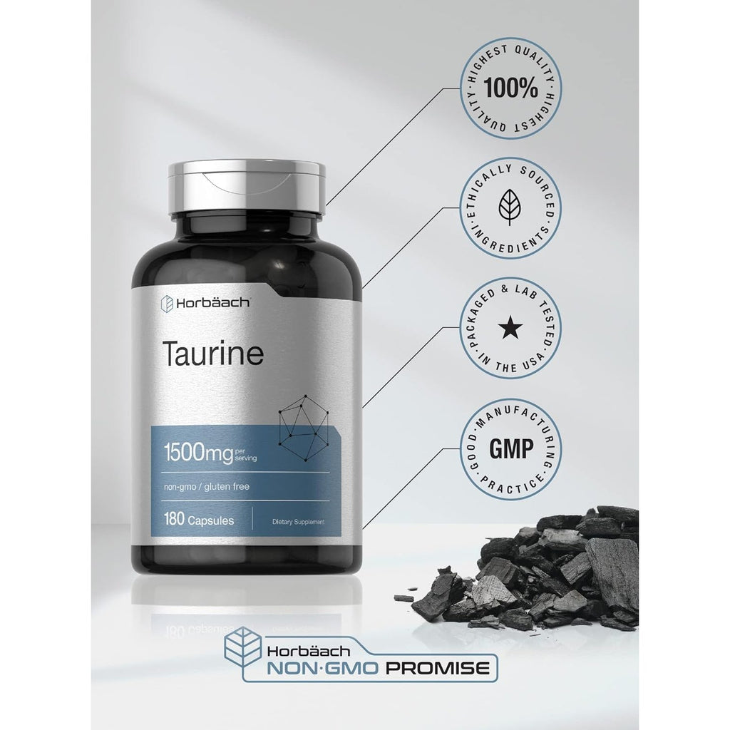Horbäach Taurine 1500Mg | 180 Capsules | Amino Acid Supplement | Non-Gmo and Gluten Free