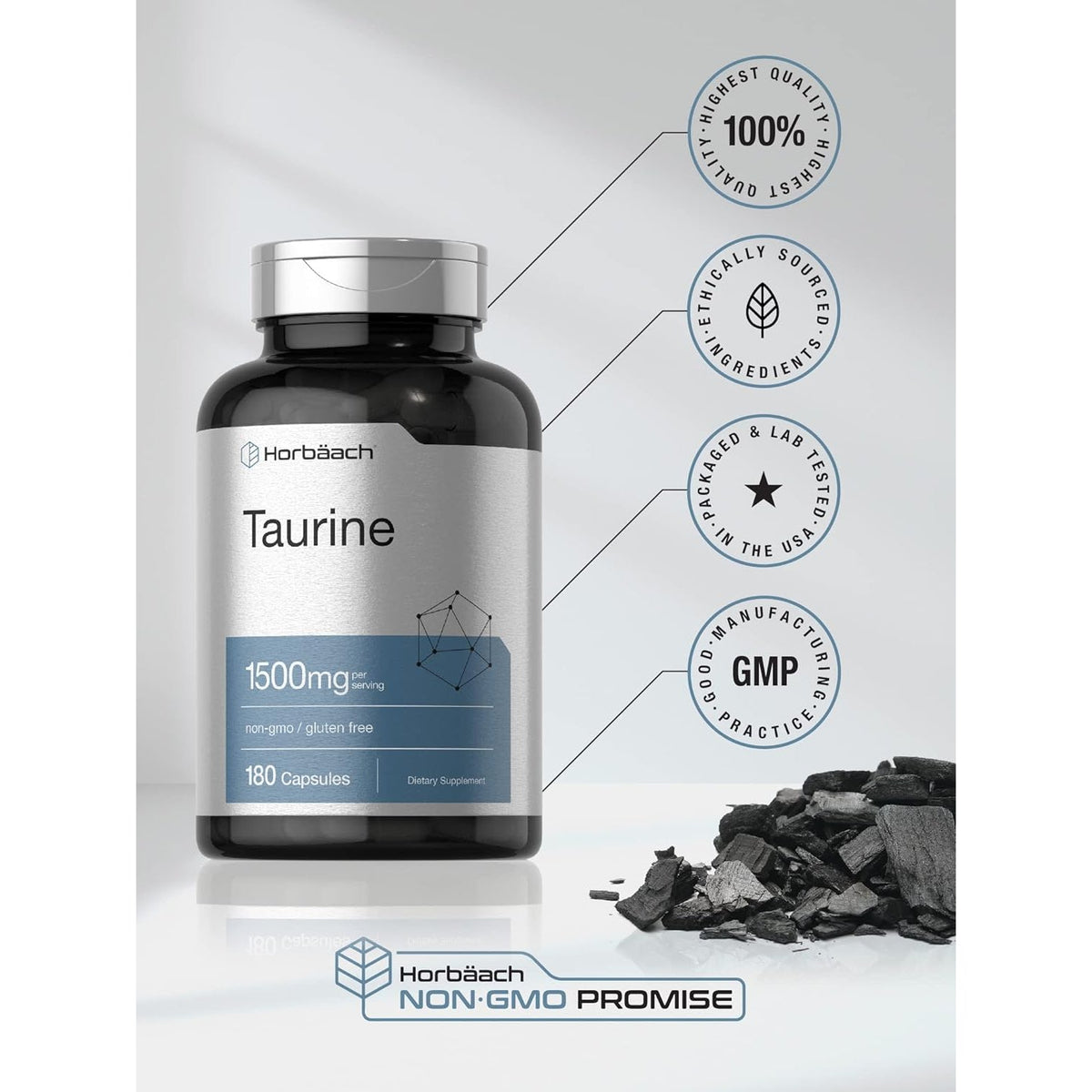 Horbäach Taurine 1500Mg | 180 Capsules | Amino Acid Supplement | Non-Gmo and Gluten Free