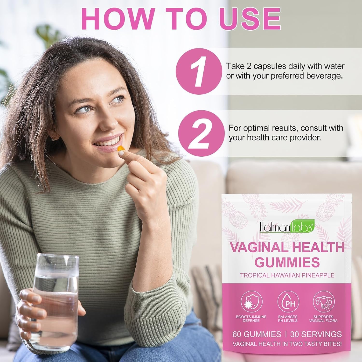 Vaginal Probiotics Gummies for Women, PH Balance for Women, Hawaiian Pineapple Gummies for PH Health, Improve Immune, Women'S Vaginal Health Supplement, 60 Gummies