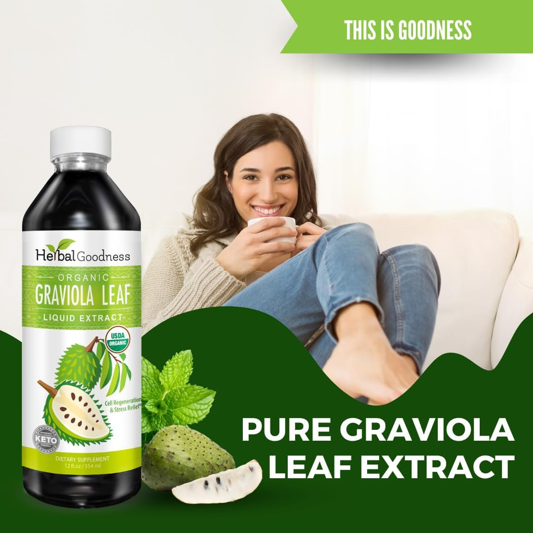 Herbal Goodness Soursop Graviola Liquid Drops 12 Fl Oz - 15X Strength Organic Guanábana Soursop Leaves Extract for Gut Health, Cell & Immune Support Serene Soursop Drops - Vegan, Non-Gmo, Made in USA