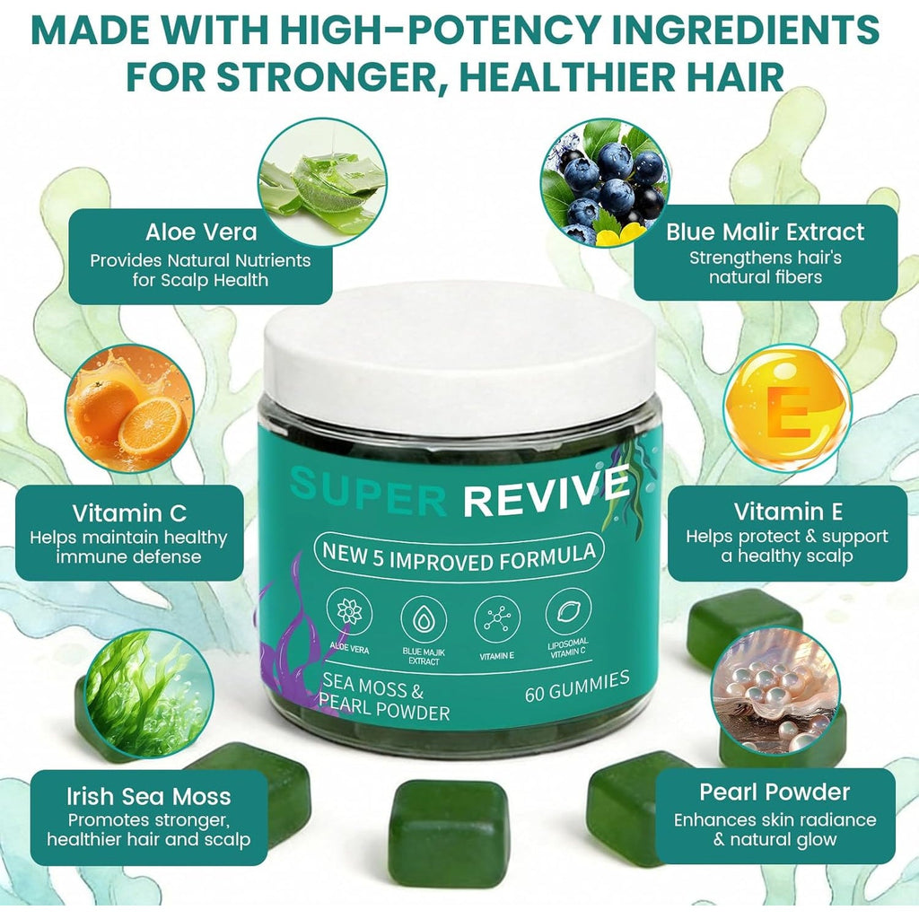 Super Revive Gummies for Hair Loss - Sea Moss Gummies with Vitamin C, E, Aloe Vera & Pearl Powder Glow, Promotes Thicker, Fuller & Stronger Hair - 60 Count