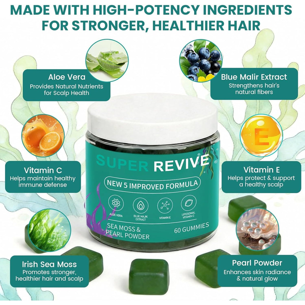 Super Revive Gummies for Hair Loss - Sea Moss Gummies with Vitamin C, E, Aloe Vera & Pearl Powder Glow, Promotes Thicker, Fuller & Stronger Hair - 60 Count