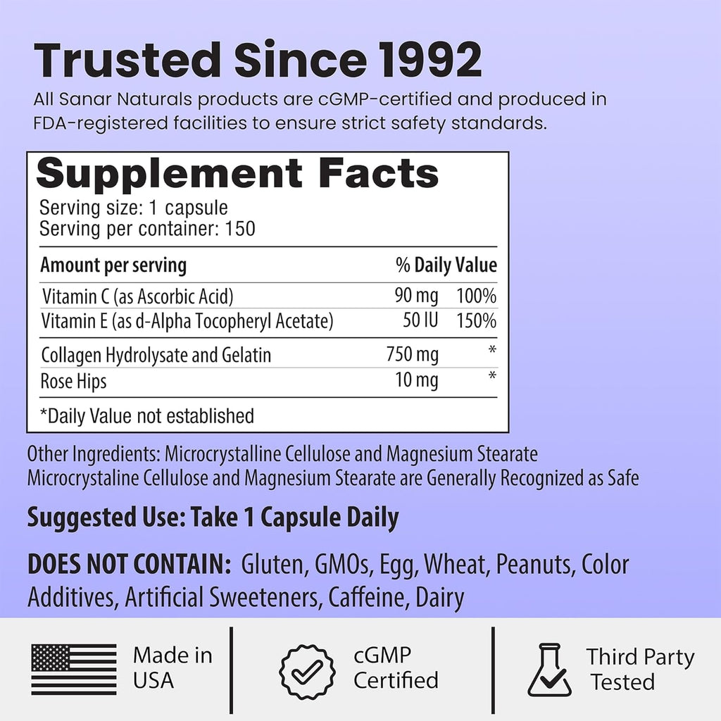 Sanar Naturals Collagen Pills for Hair, Skin, Nails, & Joints | Hydrolyzed Collagen Peptides Supplement with Vitamin C & E | Collagen Capsules for Women & Men, GLP-1 Support, Grass Fed, 150 Capsules