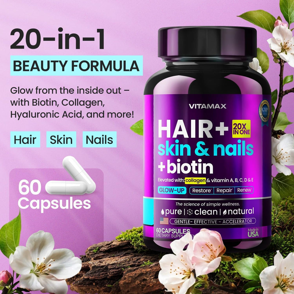 Biotin | Collagen | Keratin Booster with Hyaluronic Acid - Thicker Hair Growth, Healthy Skin & Stronger Nails Supplement – Extra Strength - Multi Vitamin B Complex - Women & Men - Made in USA - 60Ct