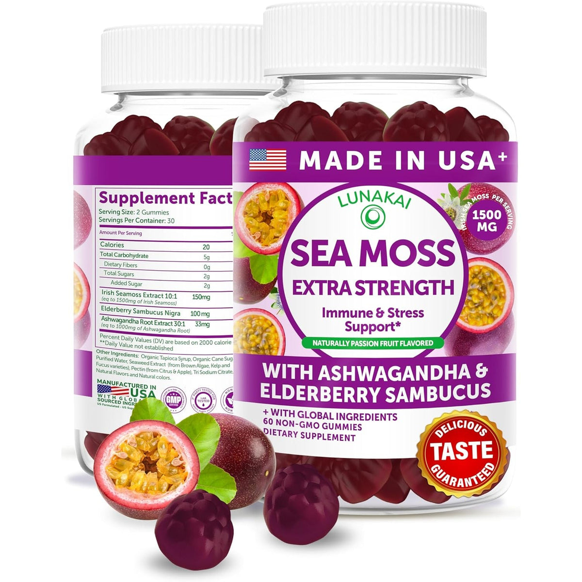 Lunakai USA Made Irish Sea Moss Gummies with Ashwagandha & Elderberry – Delicious Daily Immune & Stress Support Supplement for Men & Women, 60Ct