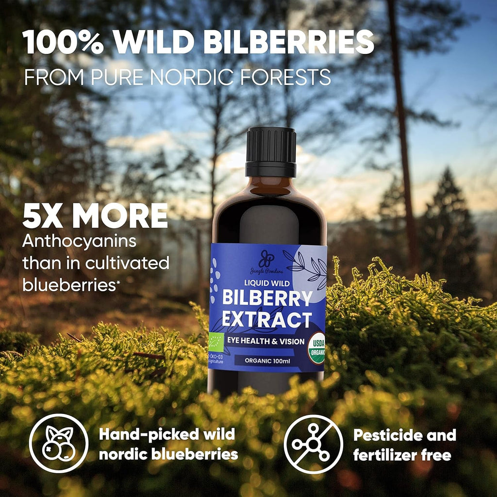 Jungle Powders Wild Bilberry Extract for Eyes USDA Organic 3.4Oz Bottle of Liquid Bilberry Anthocyanin Alcohol-Free European Blueberry Bilberry Supplement for Eyes High Bioavailability Liquid Extract