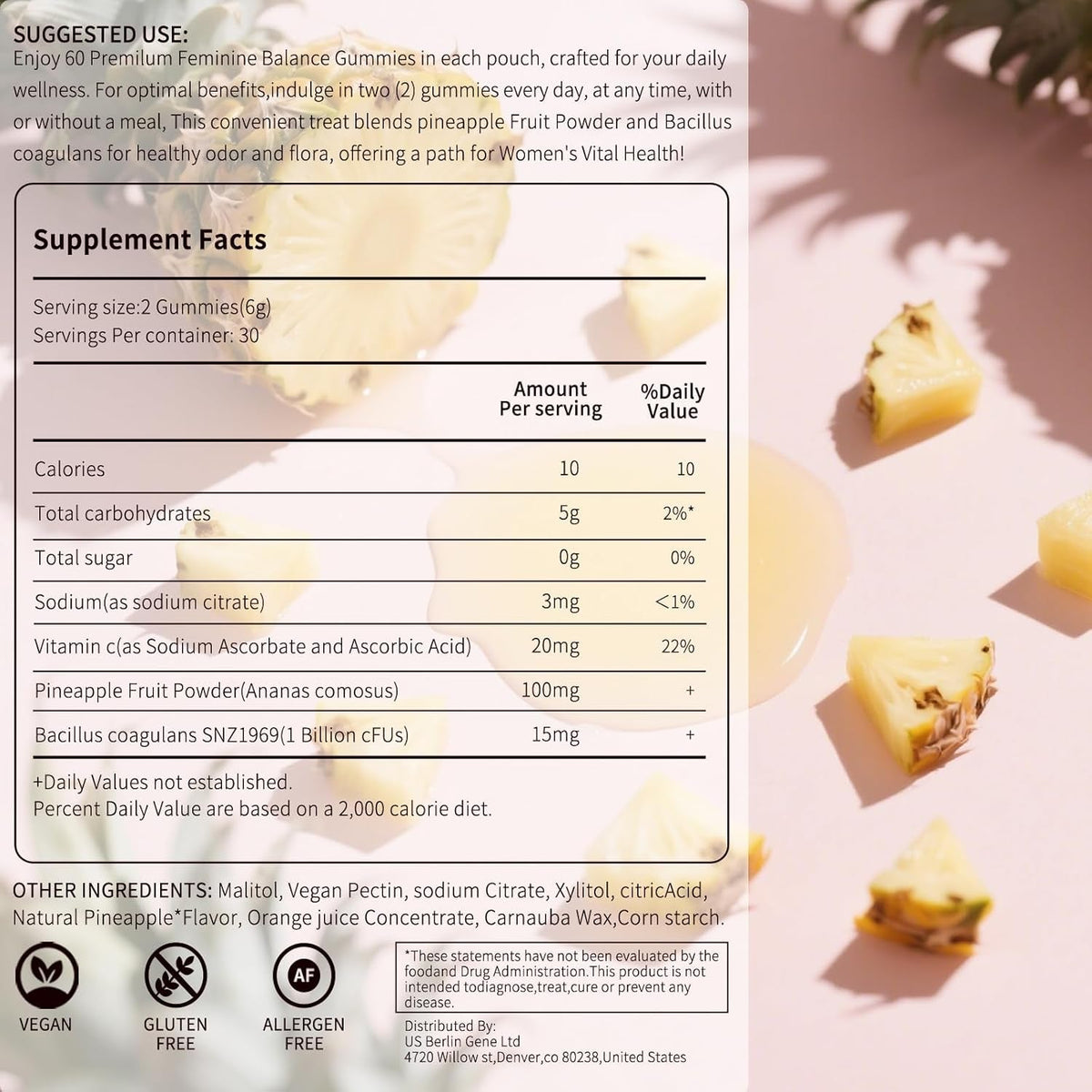 Feminine Balance Gummies for Women – Daily Ph & Probiotic Support with Pineapple & Vitamin C, Supports Flora & Immune Health, Vegan & Gluten-Free, 60 Gummies (30-Day Supply)