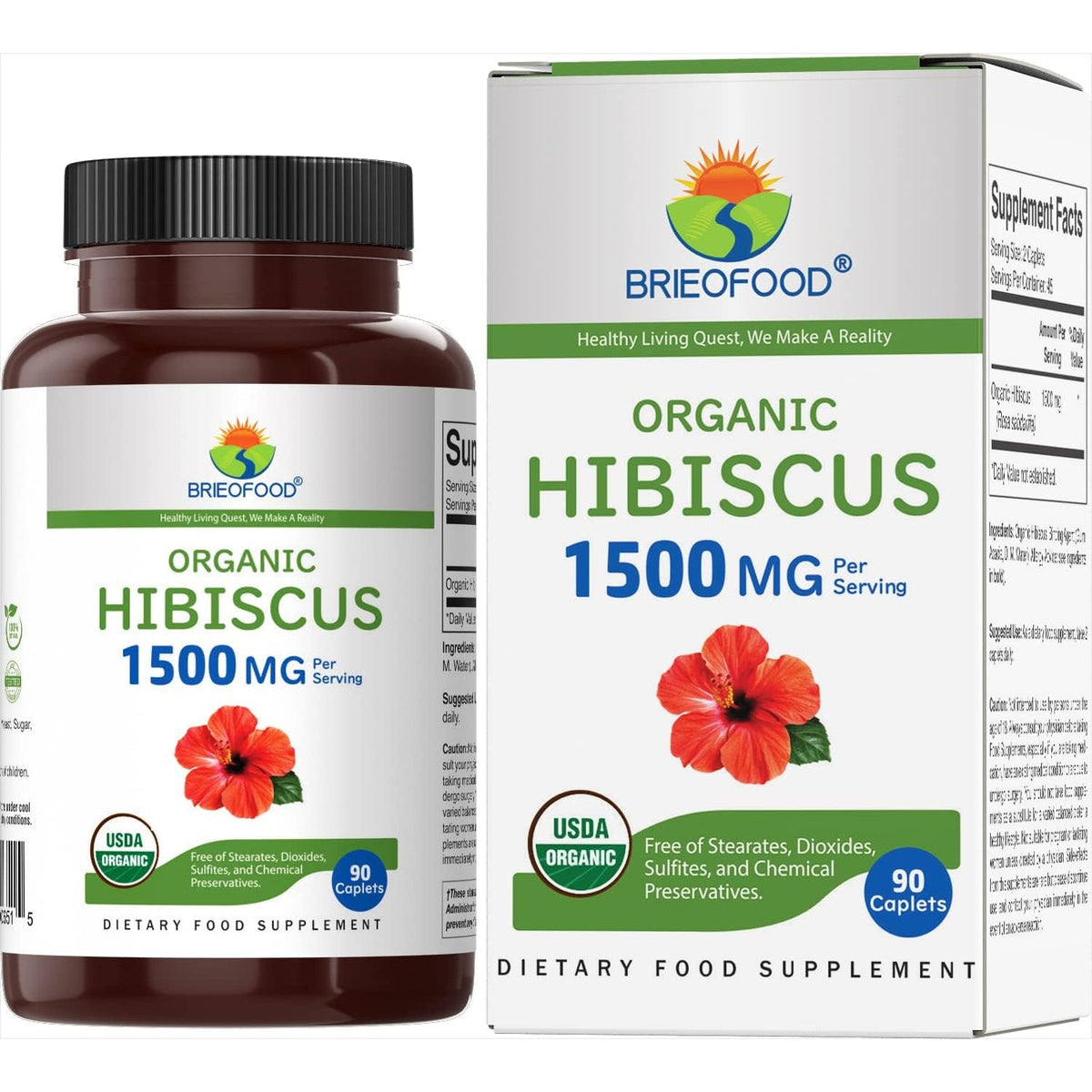 Brieofood Organic Hibiscus 1500Mg, 45 Servings, Vegetarian, Gluten Free, 90 Vegetarian Tablets
