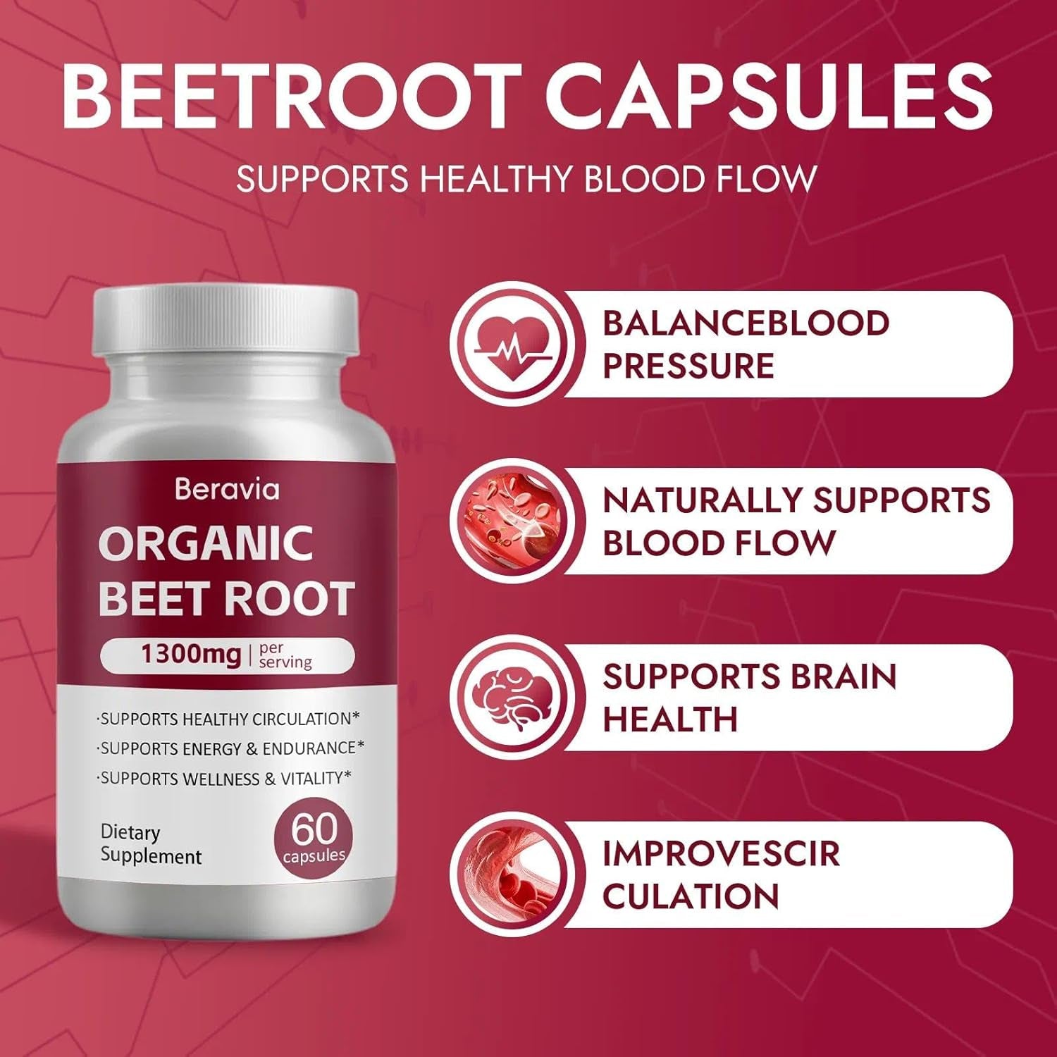 Beravia Beet Root Capsules | Antioxidant Formula - Vegan, Non-Gmo, Gluten-Free - 1300Mg, 60 Capsules