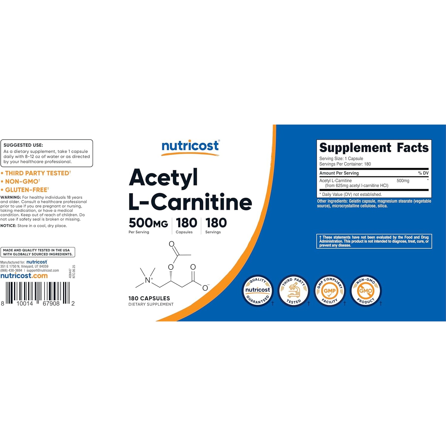 Nutricost Acetyl L-Carnitine (ALCAR) 500Mg, 180 Capsules, 180 Servings - Non-Gmo and Gluten Free, 1 Capsule per Serving