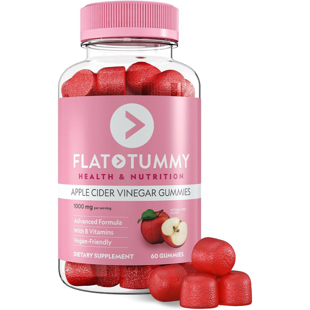 Flat Tummy Apple Cider Vinegar Gummies, 60 Count – ACV Gummies, Detox, Support Gut Health – Vegan-Friendly, Non-Gmo - Beet and Pomegranate Superfood Powders, Vitamins B6, B9 & B12