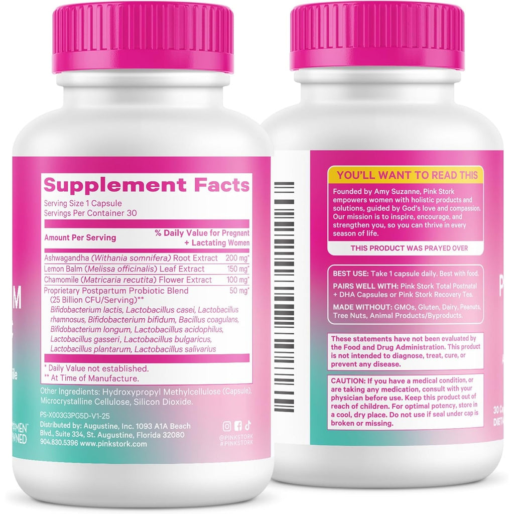 Pink Stork Probiotics for Postnatal Women - 30 Billion CFUS with Ashwagandha and Chamomile, Postpartum Essentials for Hormone Balance, Mood Support, Gut Health, Digestive Wellness, 30 Capsules