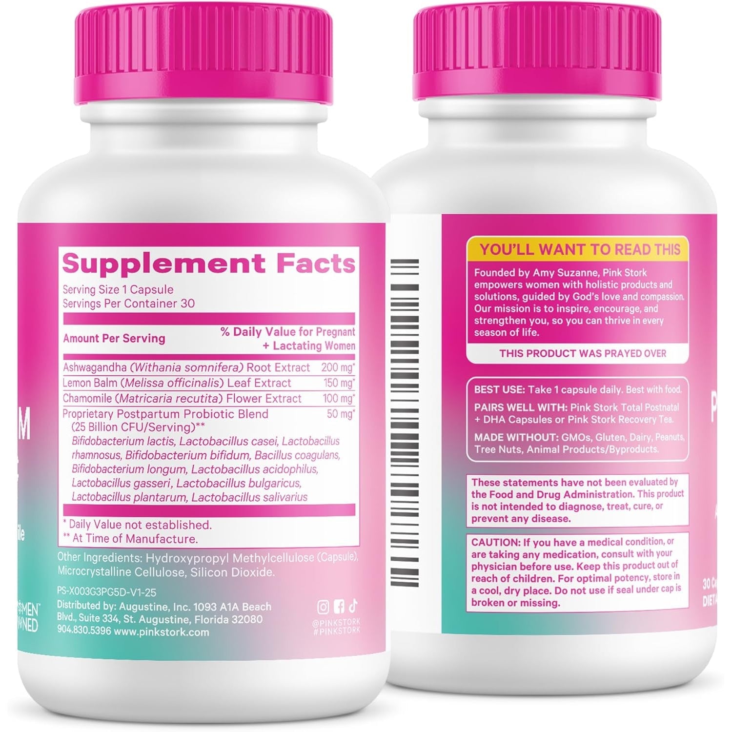 Pink Stork Probiotics for Postnatal Women - 30 Billion CFUS with Ashwagandha and Chamomile, Postpartum Essentials for Hormone Balance, Mood Support, Gut Health, Digestive Wellness, 30 Capsules