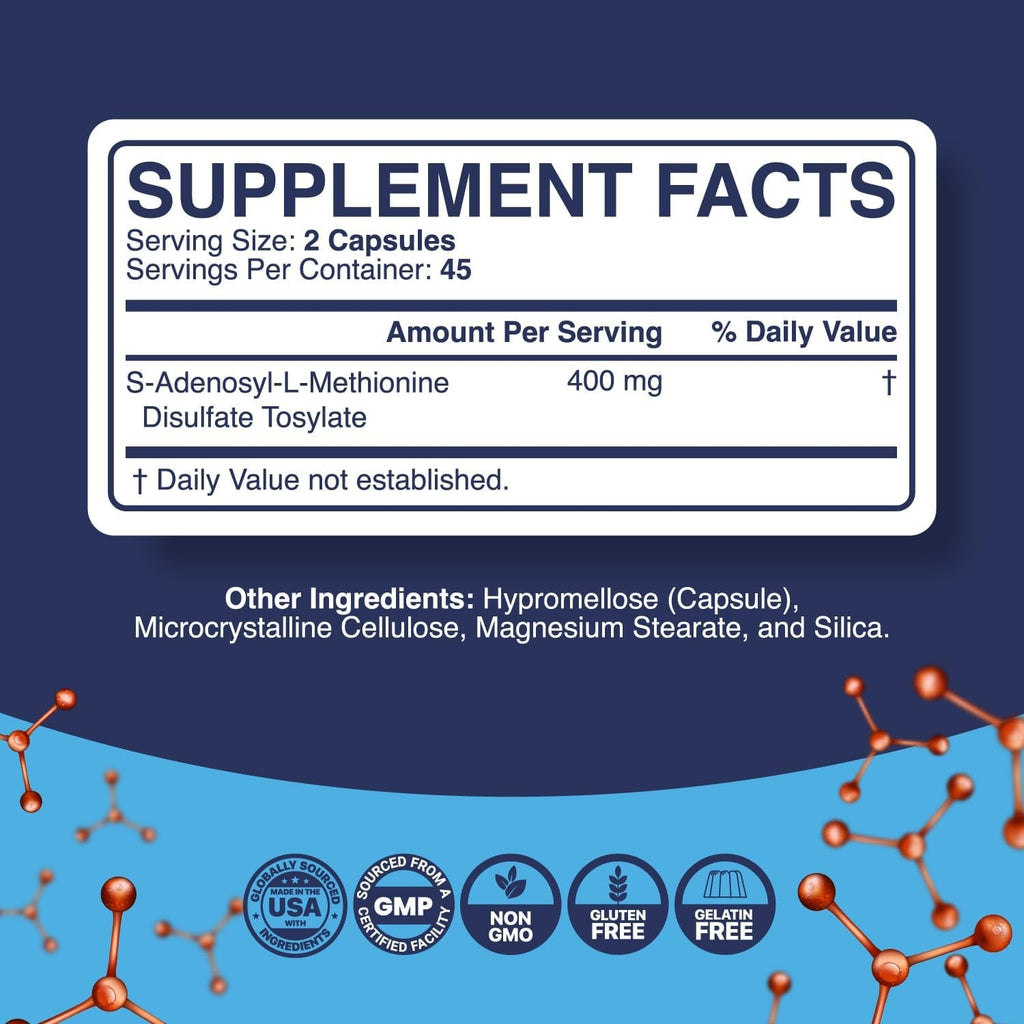 Pure SAM E Supplement 400Mg - Nootropic SAM E 400Mg per Serving for Memory & Brain Support, Joint & Liver Health - Natural S-Adenosylmethionine for Mood Balance - 90 Count