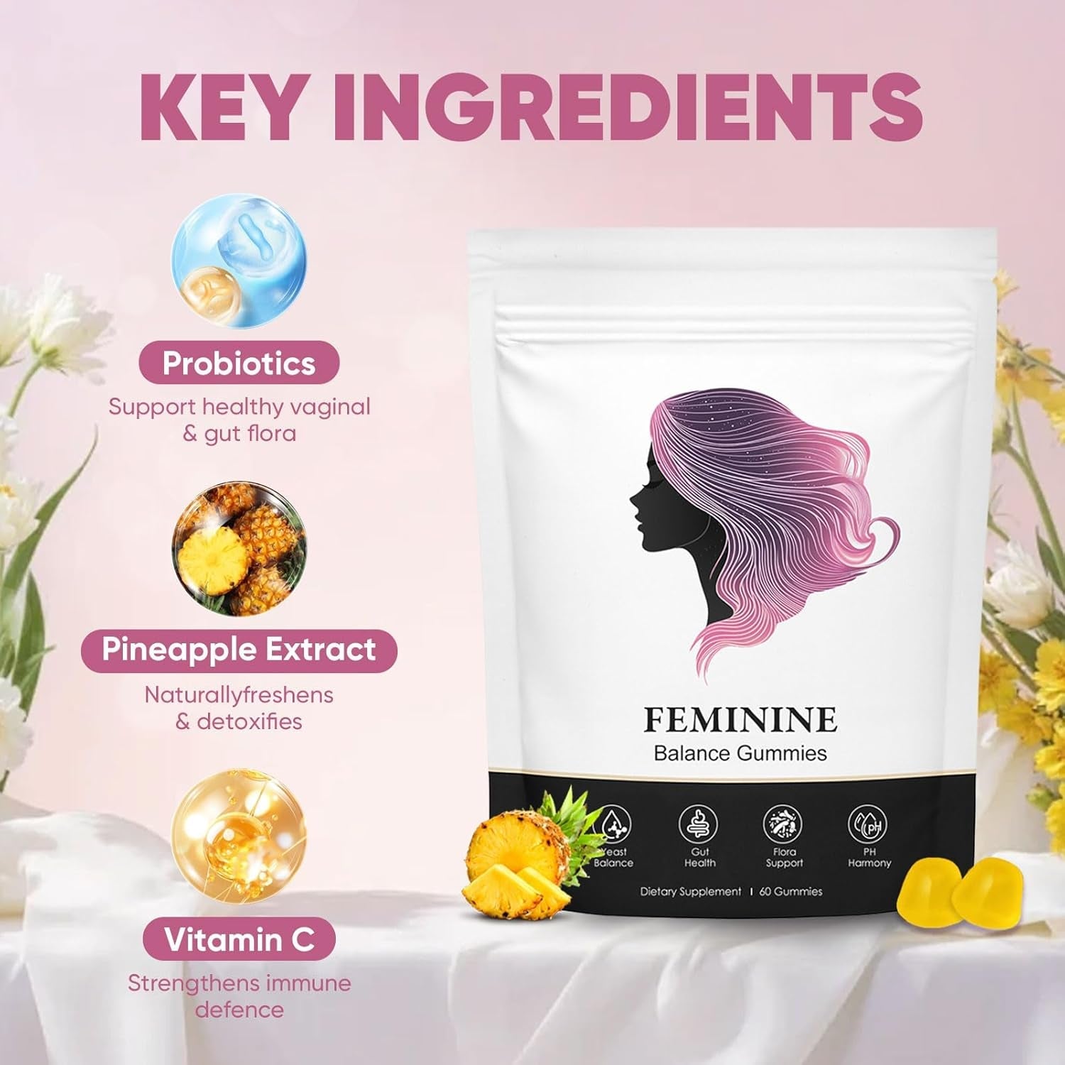 Feminine Balance Gummies for Women, Pineapple Gummies for Women Ph, Women’S Health Probiotics - Ph Balance, Healthy Odor, Flora, Vaginal & Gut Health, Immune Support (1)