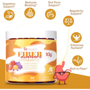 Migcopat 10G Fiber Gummies with Probiotics, Fiber Supplement with 30 Billion CFU Probiotics Blend, ACV, Vitamin C, Inulin - Support Digestive Health - No Sugar Added - Fruit Flavored - 90 Count