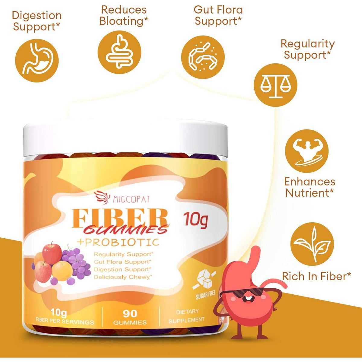 Migcopat 10G Fiber Gummies with Probiotics, Fiber Supplement with 30 Billion CFU Probiotics Blend, ACV, Vitamin C, Inulin - Support Digestive Health - No Sugar Added - Fruit Flavored - 90 Count