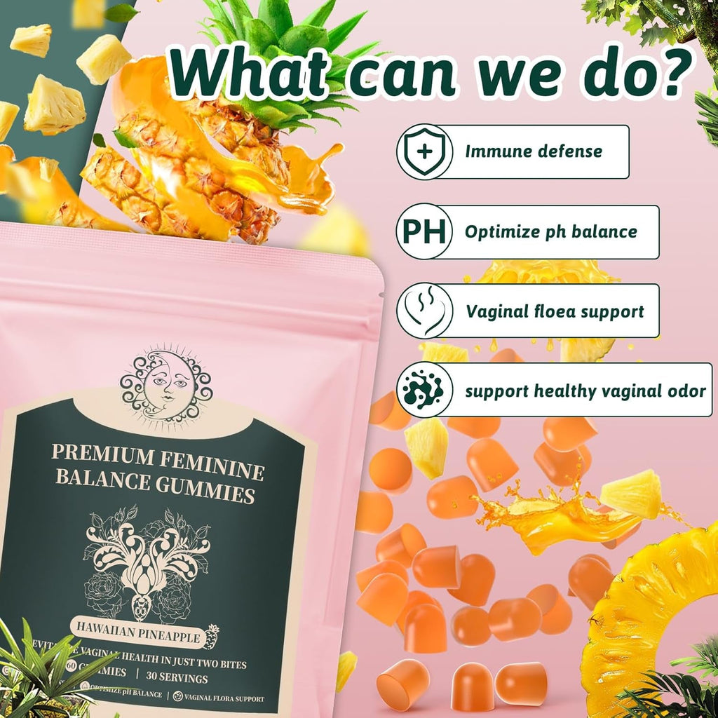 Feminine Balance Gummies for Women - Premium Balance Supplement for Women PH Health, Gut Healthy, Immune Support, Hawaiian Pineapple Flavor, 60 Gummies