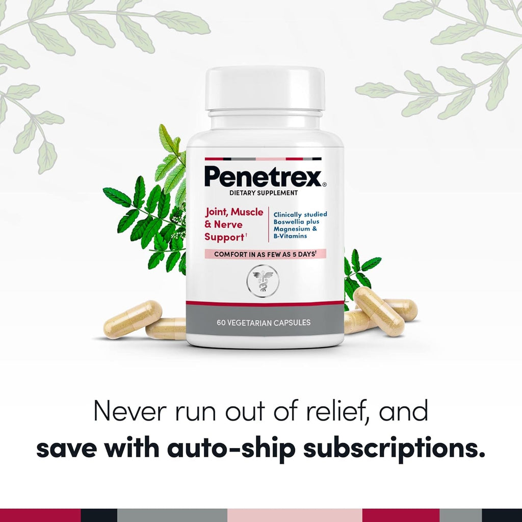 Penetrex Clinically Studied Magnesium Glycinate Supplement for Joint, Muscle & Nerve Support - Comfort in 5 Days with Advanced Boswellia Serrata Extract, Vitamin D, B, C (60 Count, 1 Month Supply)
