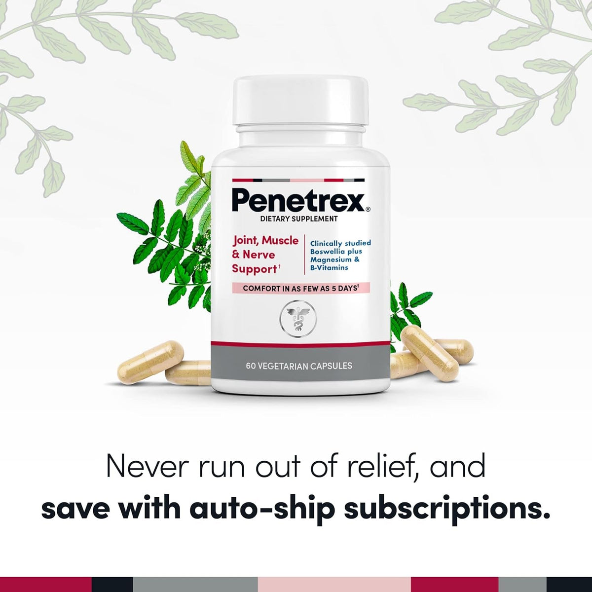 Penetrex Clinically Studied Magnesium Glycinate Supplement for Joint, Muscle & Nerve Support - Comfort in 5 Days with Advanced Boswellia Serrata Extract, Vitamin D, B, C (60 Count, 1 Month Supply)
