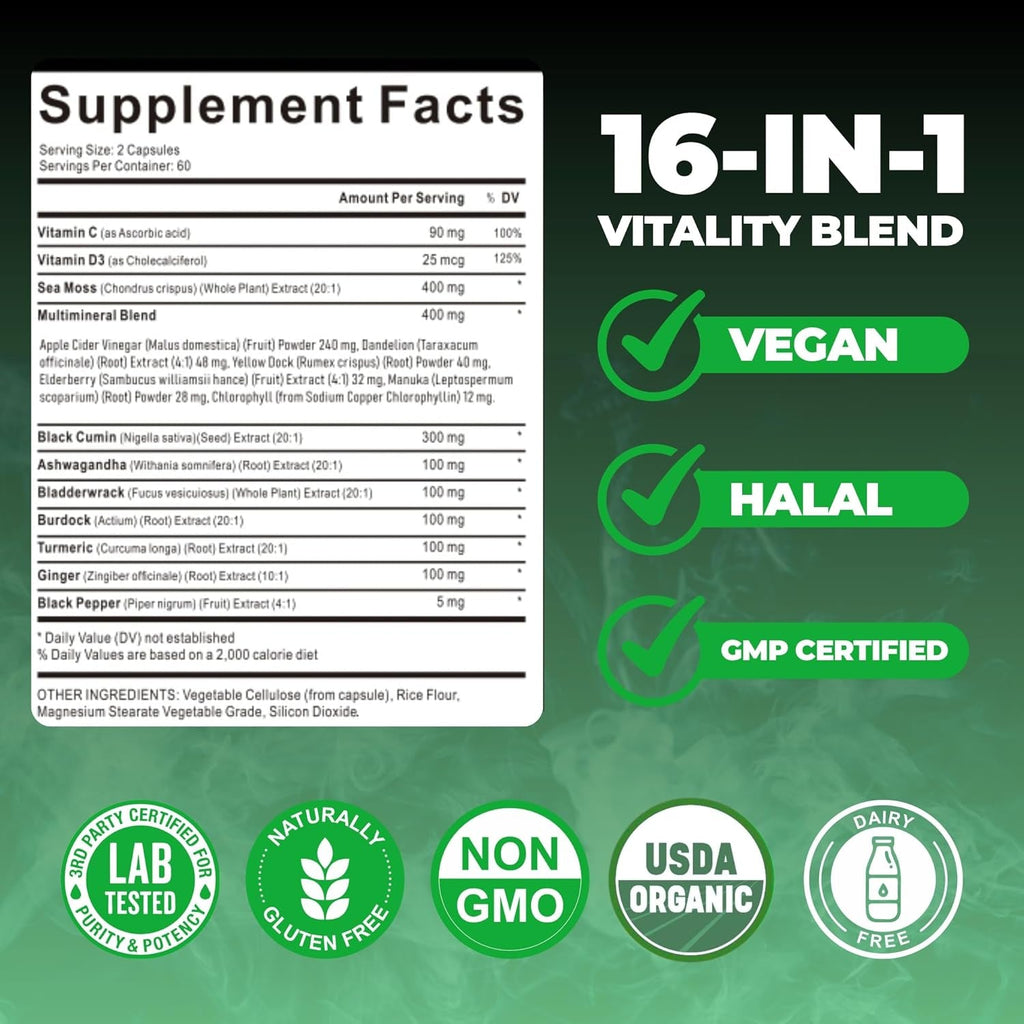 Organic Irish Sea Moss Capsules 120 Count –16 in 1 Sea Moss Supplement with Black Seed Oil, Ashwagandha, Turmeric & Ginger, Bladderwrack & Burdock Root, Vitamin D3 –Organic, Vegan, Halal, Non-Gmo
