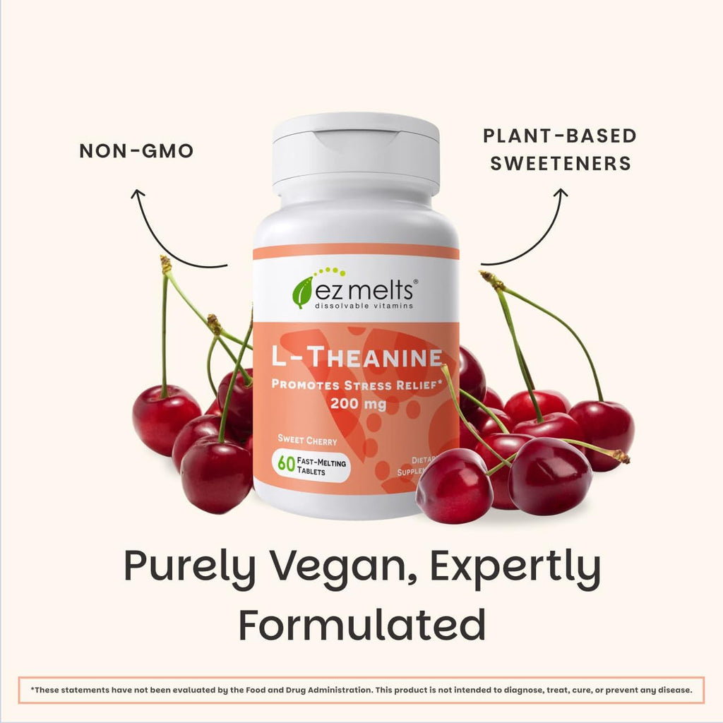 EZ Melts L-Theanine 200 Mg - Stress & Relaxation Support Supplement - No Artificial Flavors - No Drowsiness - Non-Gmo & Vegan - Sweet Cherry - 60 Dissolvable Tablets (30 Servings)