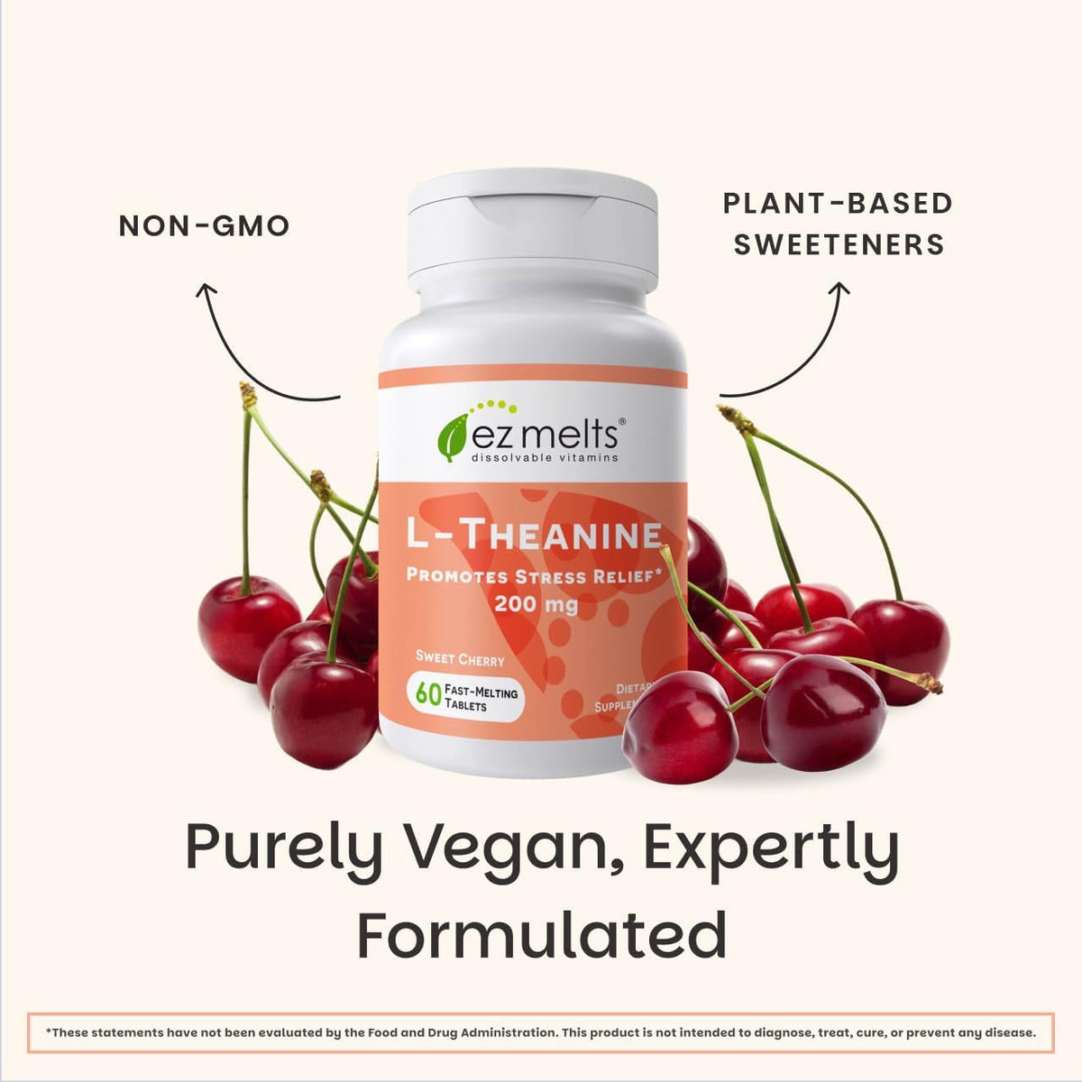 EZ Melts L-Theanine 200 Mg - Stress & Relaxation Support Supplement - No Artificial Flavors - No Drowsiness - Non-Gmo & Vegan - Sweet Cherry - 60 Dissolvable Tablets (30 Servings)