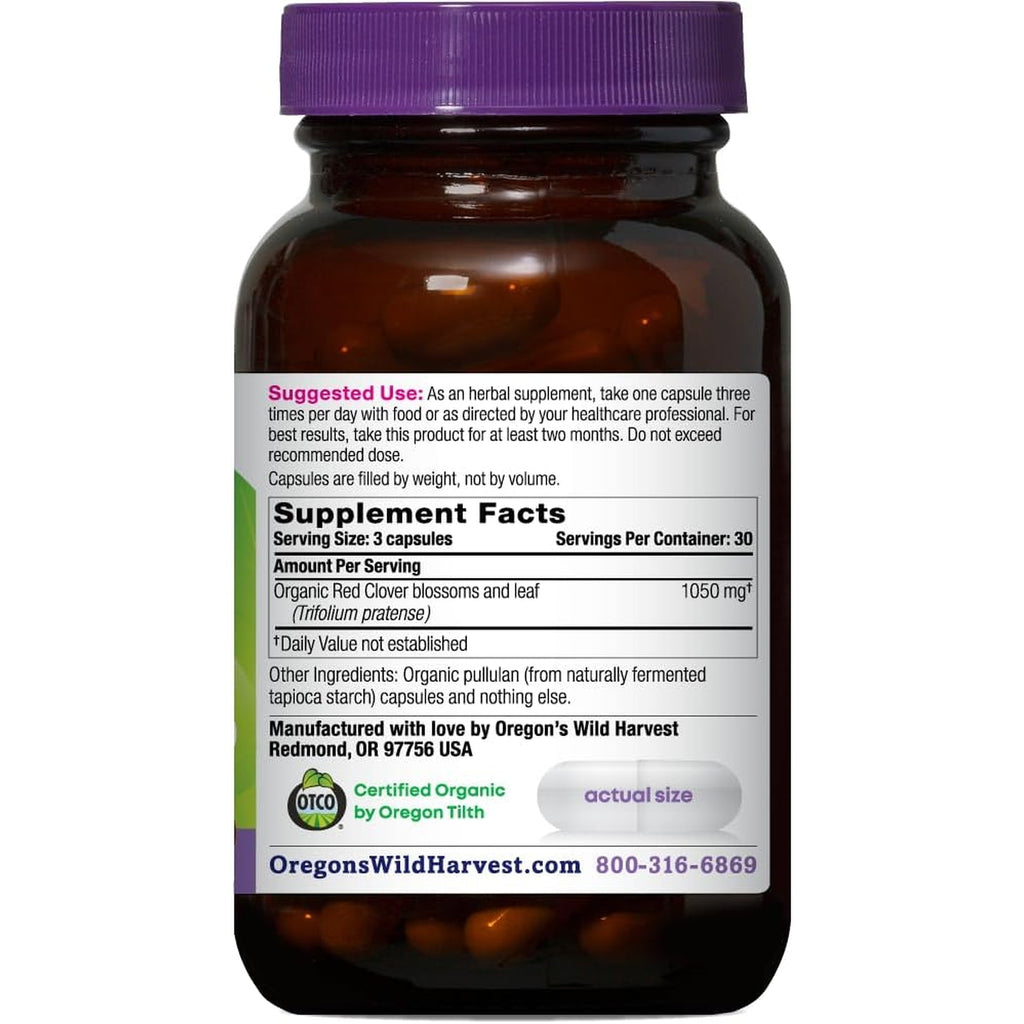Oregon'S Wild Harvest Red Clover Capsules, Non-Gmo Organic Herbal Supplements, 90 Count,Organic Red Clover Blossoms and Leaf (Trifolium Pratense), Non-Gmo Vegan Capsules and Nothing Else