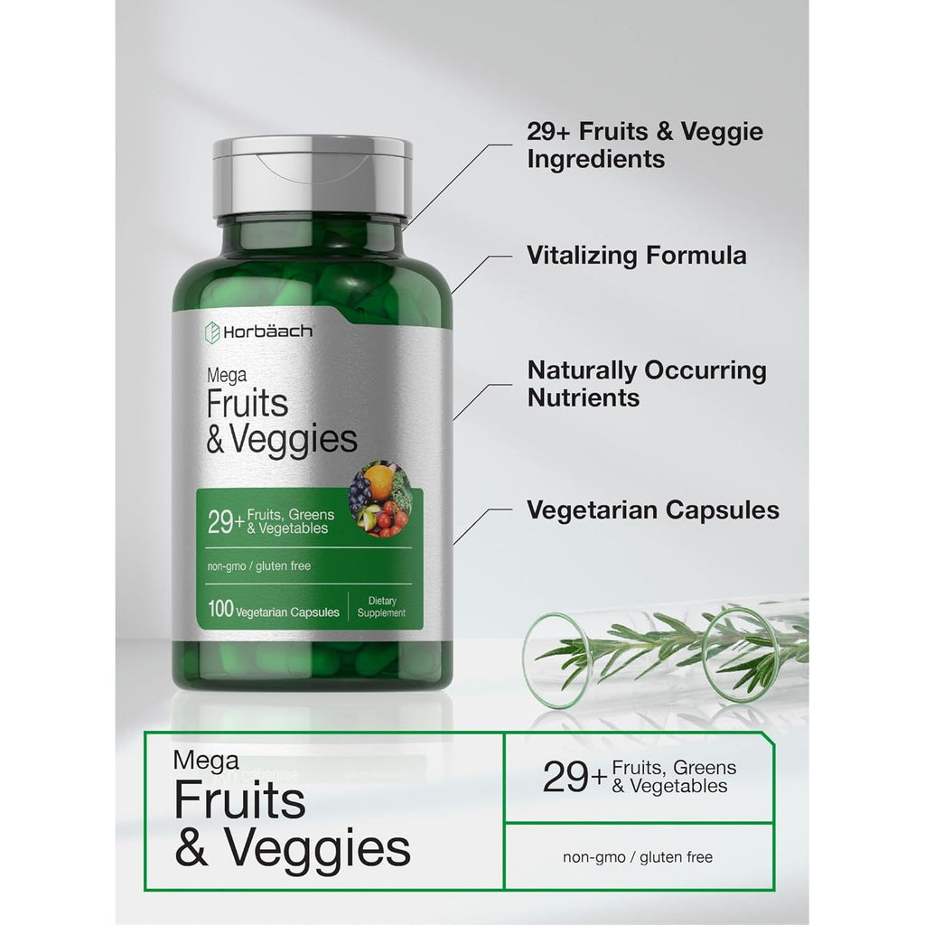 Horbäach Mega Fruits and Veggies Supplement | 100 Capsules | Vegetarian, Non-Gmo and Gluten Free