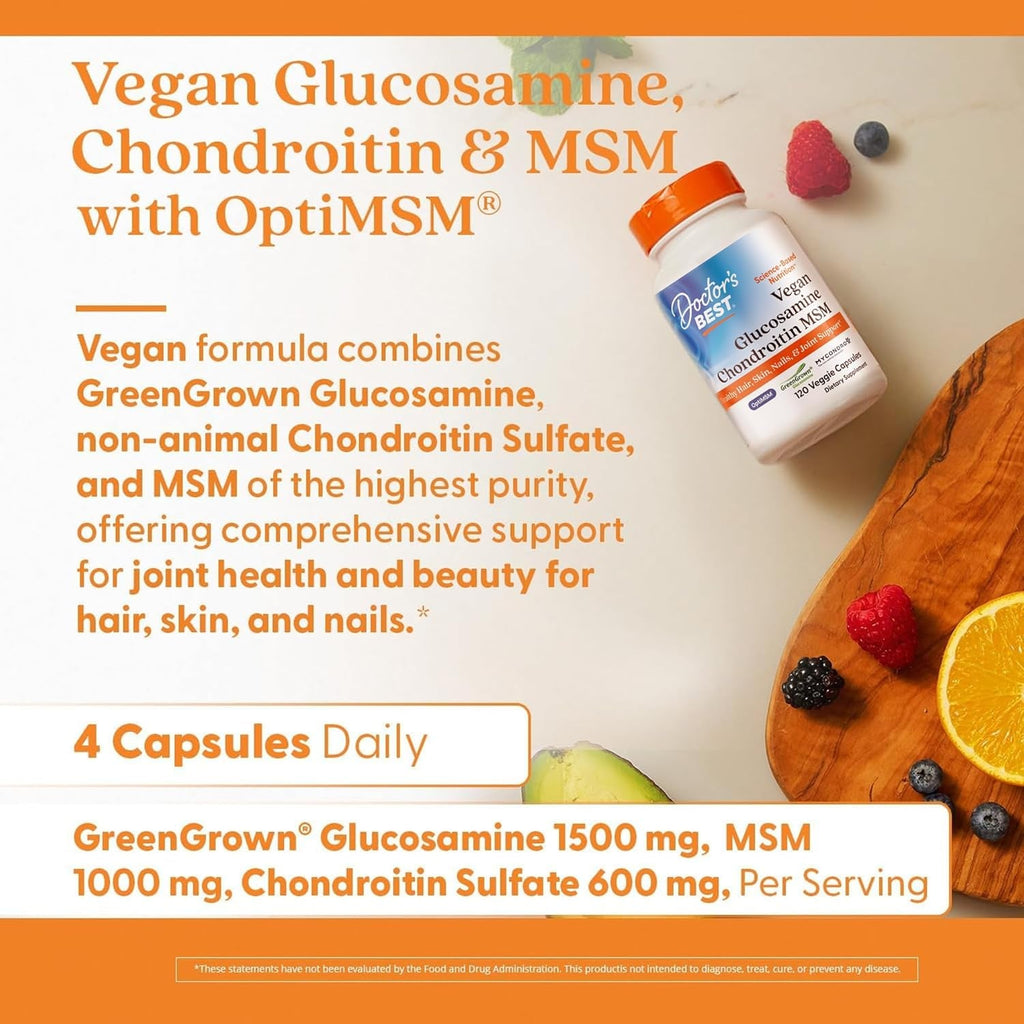 Doctor'S Best Vegan Glucosamine Chondroitin MSM - Joint Health Support Supplement for Women & Men, Nutritional Support for Joint Strength, Hair, Skin, & Nails, Gluten Free, Non GMO - 120 Veg Capsules