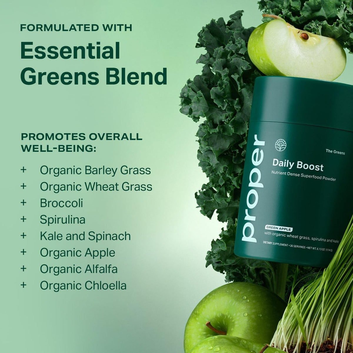 Proper, the Greens Daily Boost Organic Greens Powder. Whole Food, Apple Flavour Veggie Powder Superfood with Wheatgrass, Spirulina, Chlorella, Probiotics. Daily Drink Mix for Wellness and Digestion
