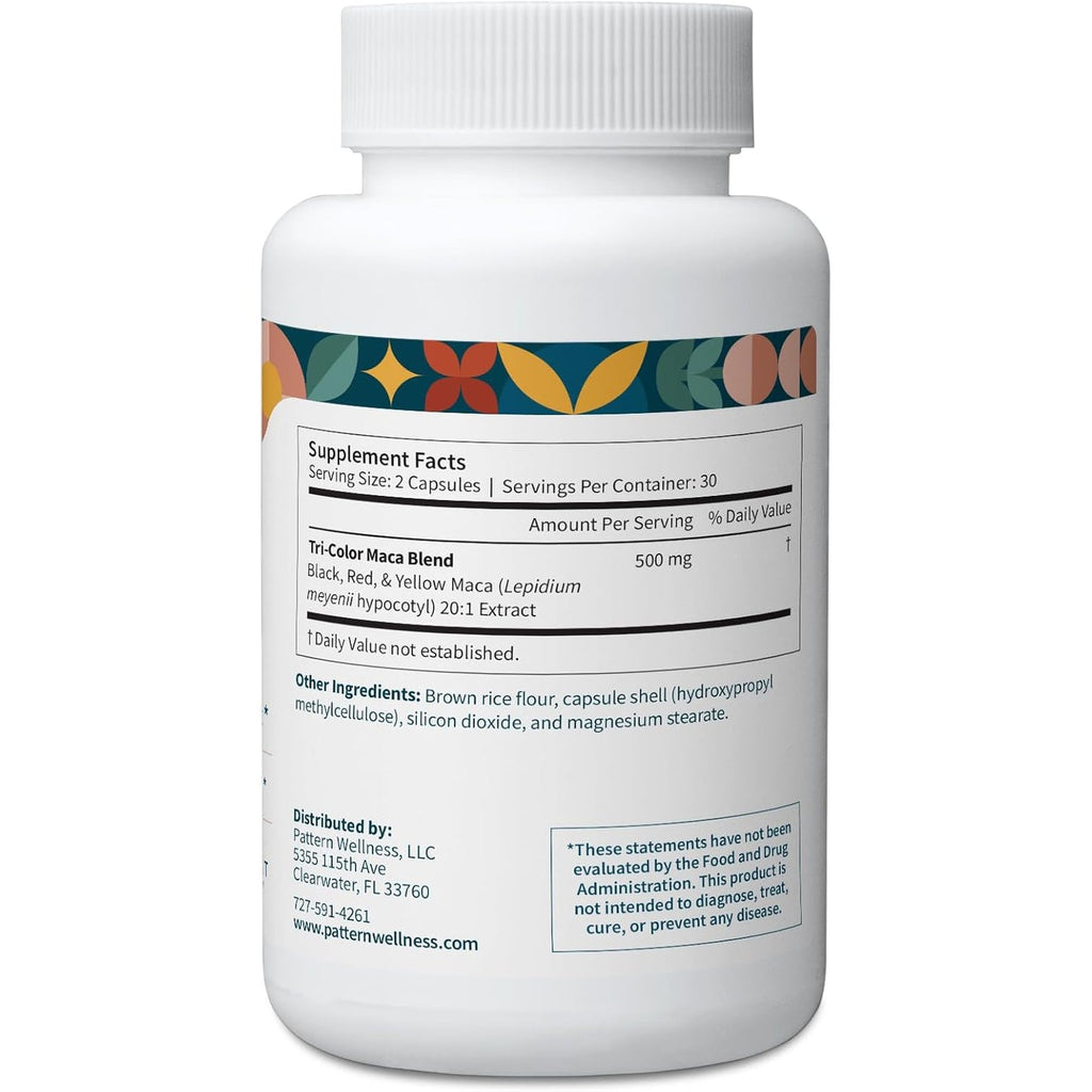 Pattern Wellness Maca Root Extract 20:1-500Mg per Serving – for Men & Women – Tri-Color Black/Red/Yellow Blend – 60 Vegan, Non-Gmo Capsules