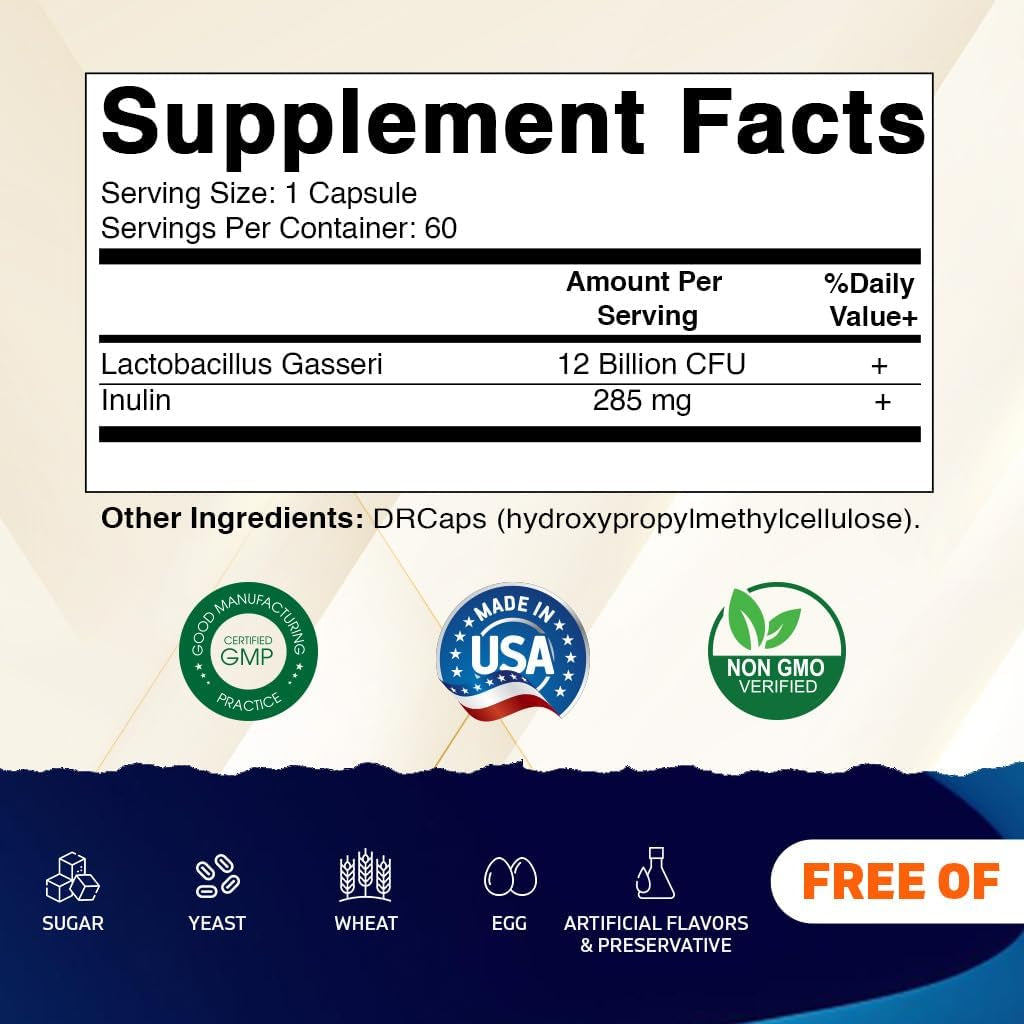 Vitamatic Lactobacillus Gasseri - 12 Billion per DR Capsule - 60 Count - Digestive Support - Made with Prebiotic Inulin Fiber
