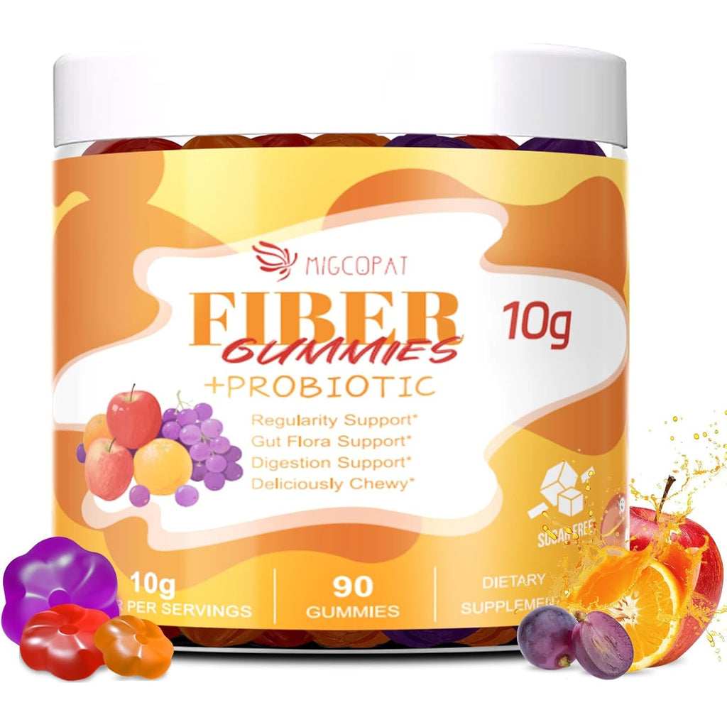 Migcopat 10G Fiber Gummies with Probiotics, Fiber Supplement with 30 Billion CFU Probiotics Blend, ACV, Vitamin C, Inulin - Support Digestive Health - No Sugar Added - Fruit Flavored - 90 Count