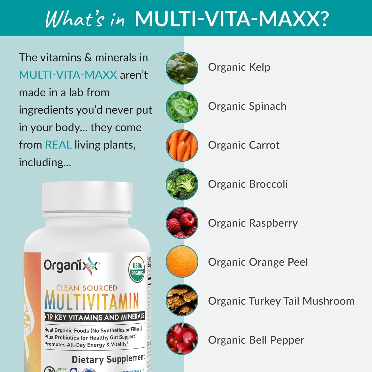 Organixx Clean Sourced Multivitamin for Women & Men, W/Vitamin C, D3, Vitamin B Complex, Probiotics, Organic Fruits & Vegetables, Supports Digestive Gut Health, Immune Support, 90 Vegan Gel Capsules
