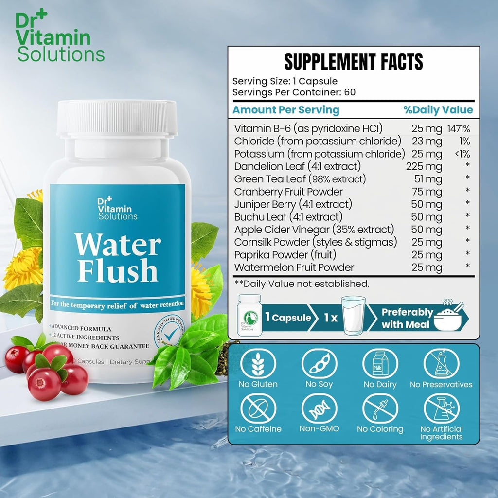 Diuretic Water Pills for Weight Control, 12 Active Ingredients (Green Tea, Cranberry & More), Instant Relief from Bloat & Swelling, Water Retention Pills for Women & Men - 60 Capsules
