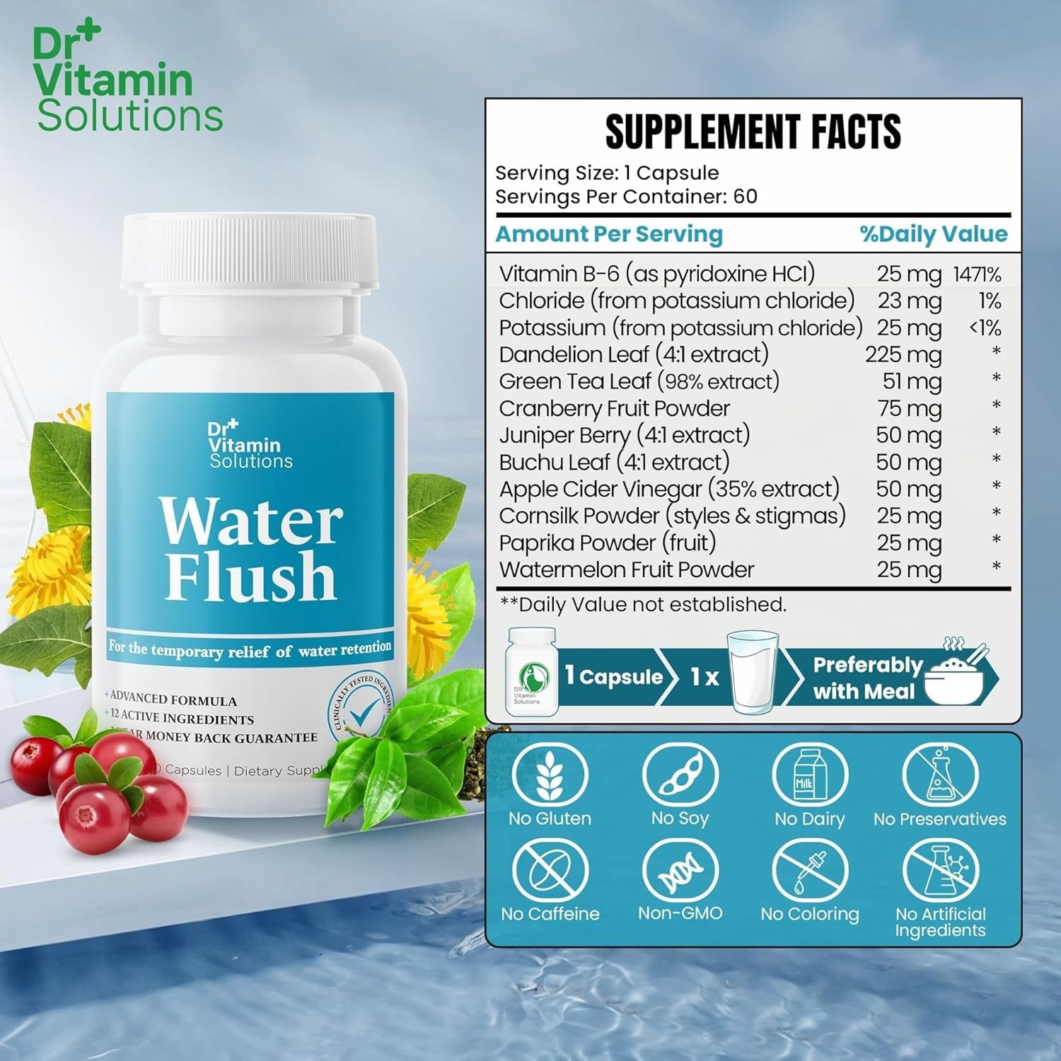 Diuretic Water Pills for Weight Control, 12 Active Ingredients (Green Tea, Cranberry & More), Instant Relief from Bloat & Swelling, Water Retention Pills for Women & Men - 60 Capsules