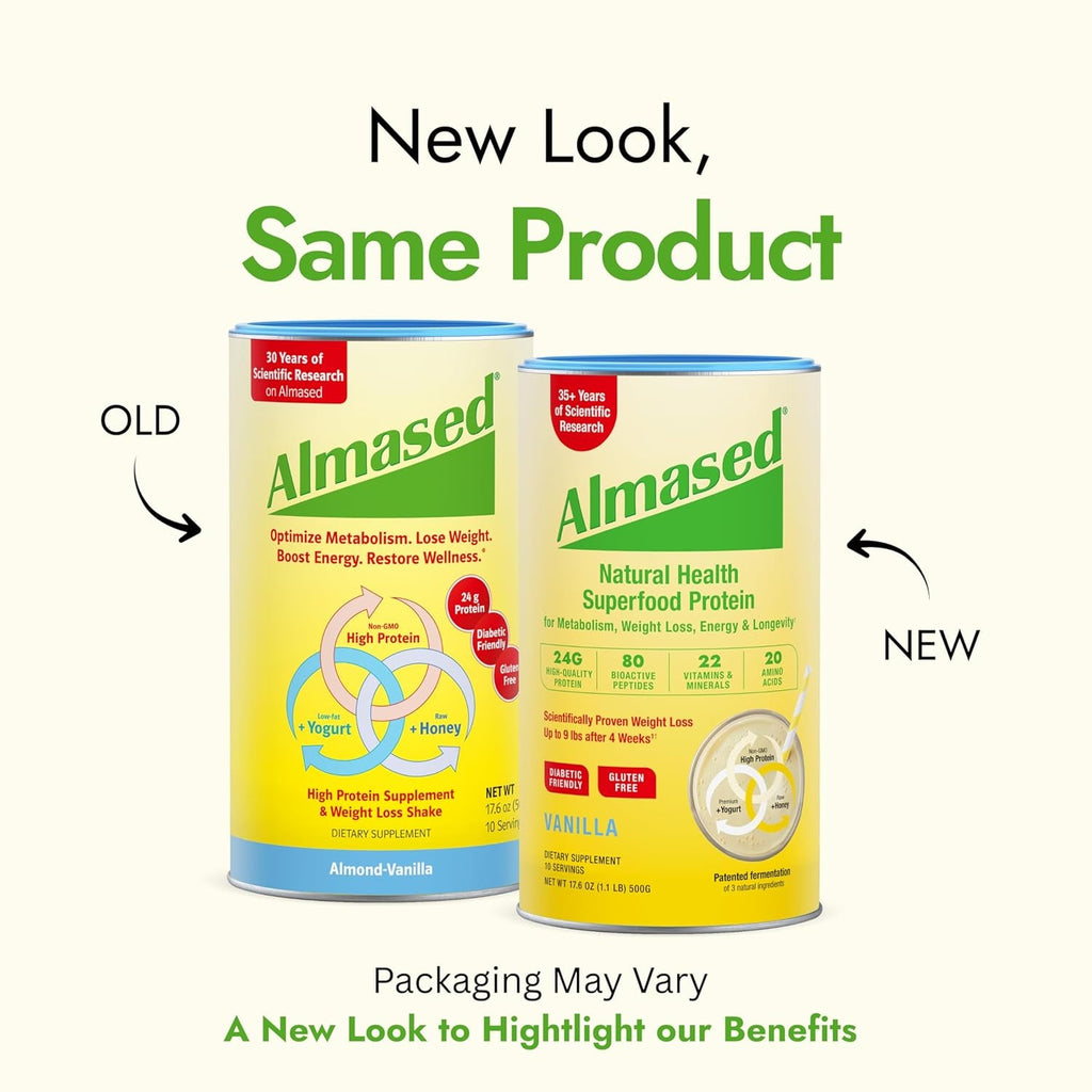 Almased Meal Replacement Shakes for Weight Loss - Protein Powder - Starter Kit (Almond Vanilla Flavor, 2 Cans of 17.6 Oz + Shaker Bottle + Scoop)