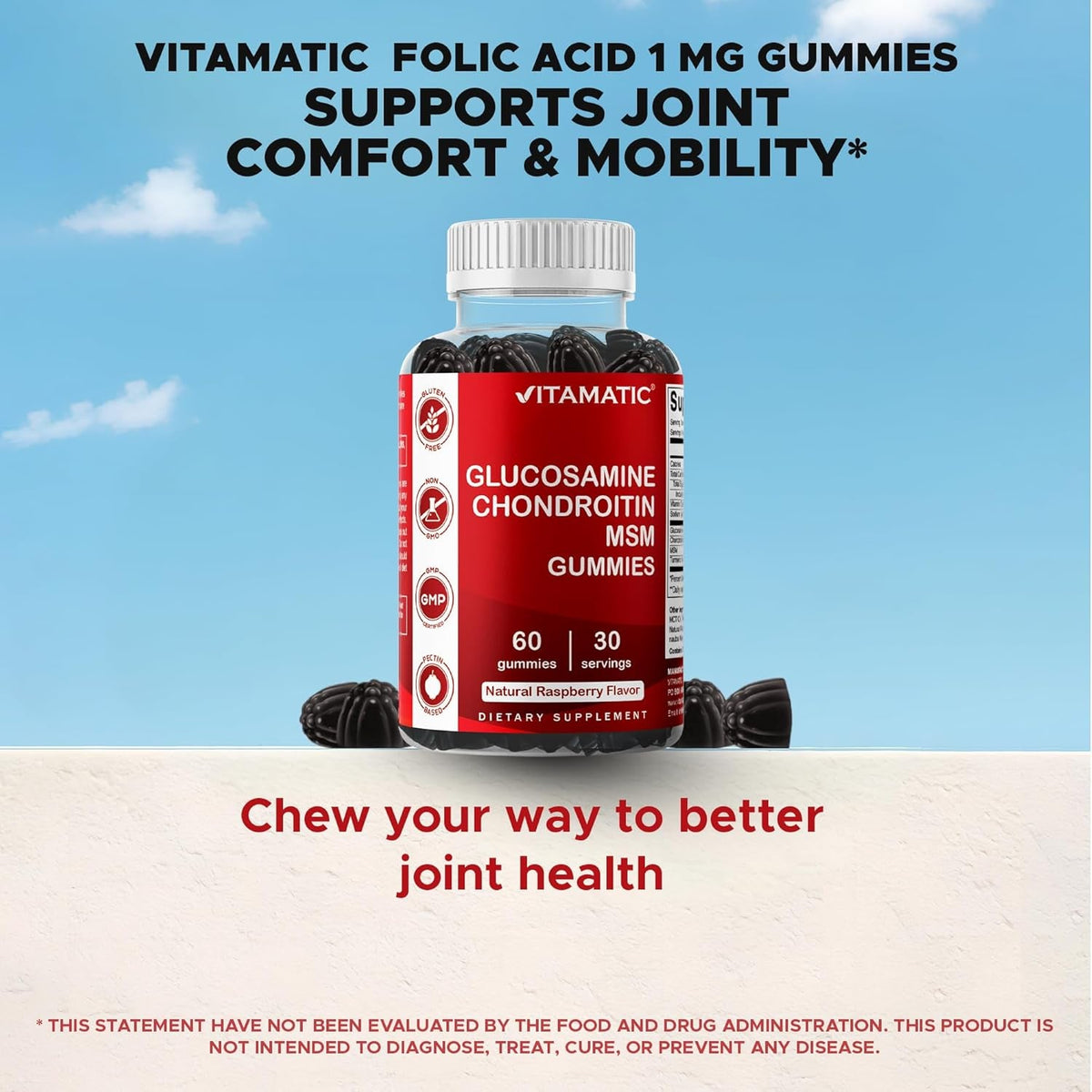 Vitamatic Glucosamine Chondroitin Gummies with MSM & Vitamin E – Joint Support Formula – 60 Pectin-Based Vegan Gummies