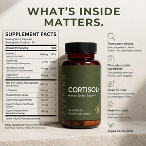 EVEKIND Cortisol Supplement for Women | Stress Support for Mood, Energy & Hormone Balance | Calm, Focus & Daily Reset | Adaptogen Blend with KSM-66® Ashwagandha, Rhodiola, L-Theanine | 60 Capsules