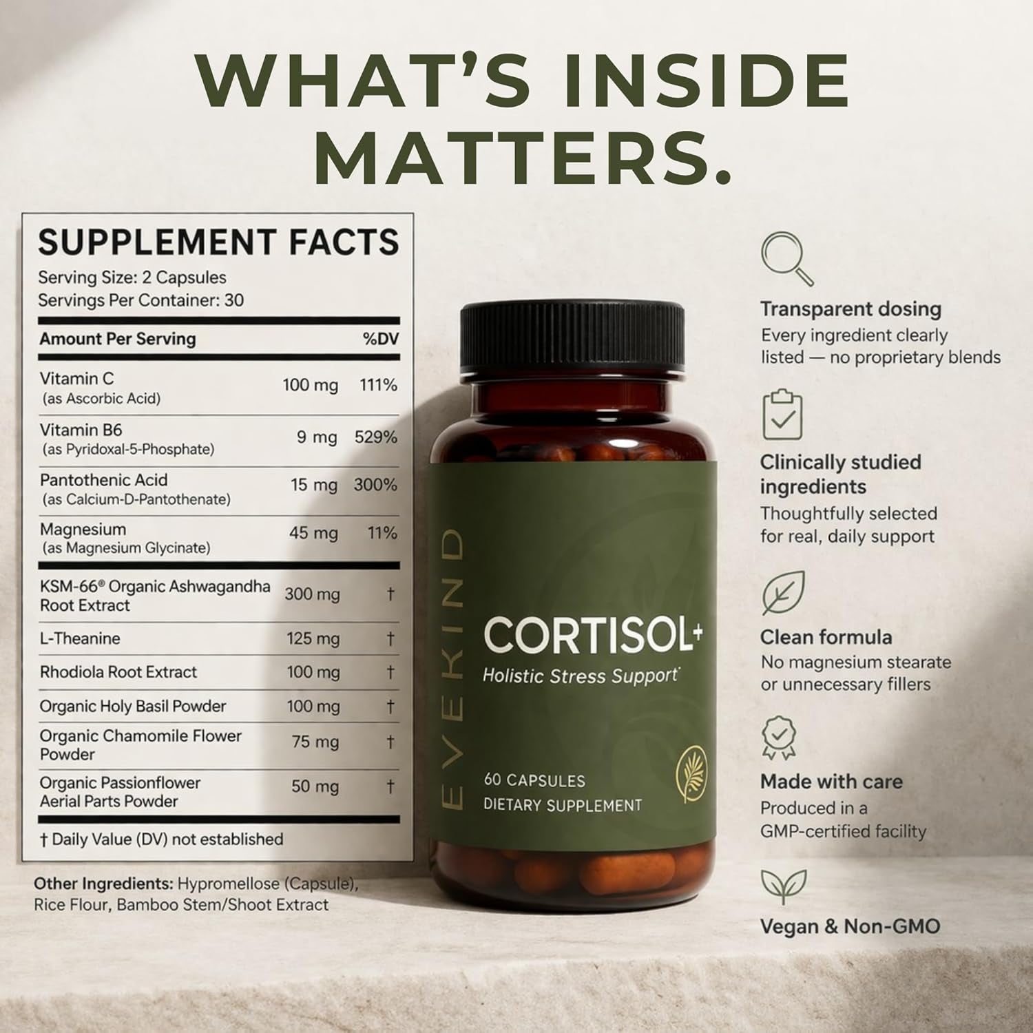 EVEKIND Cortisol Supplement for Women | Stress Support for Mood, Energy & Hormone Balance | Calm, Focus & Daily Reset | Adaptogen Blend with KSM-66® Ashwagandha, Rhodiola, L-Theanine | 60 Capsules