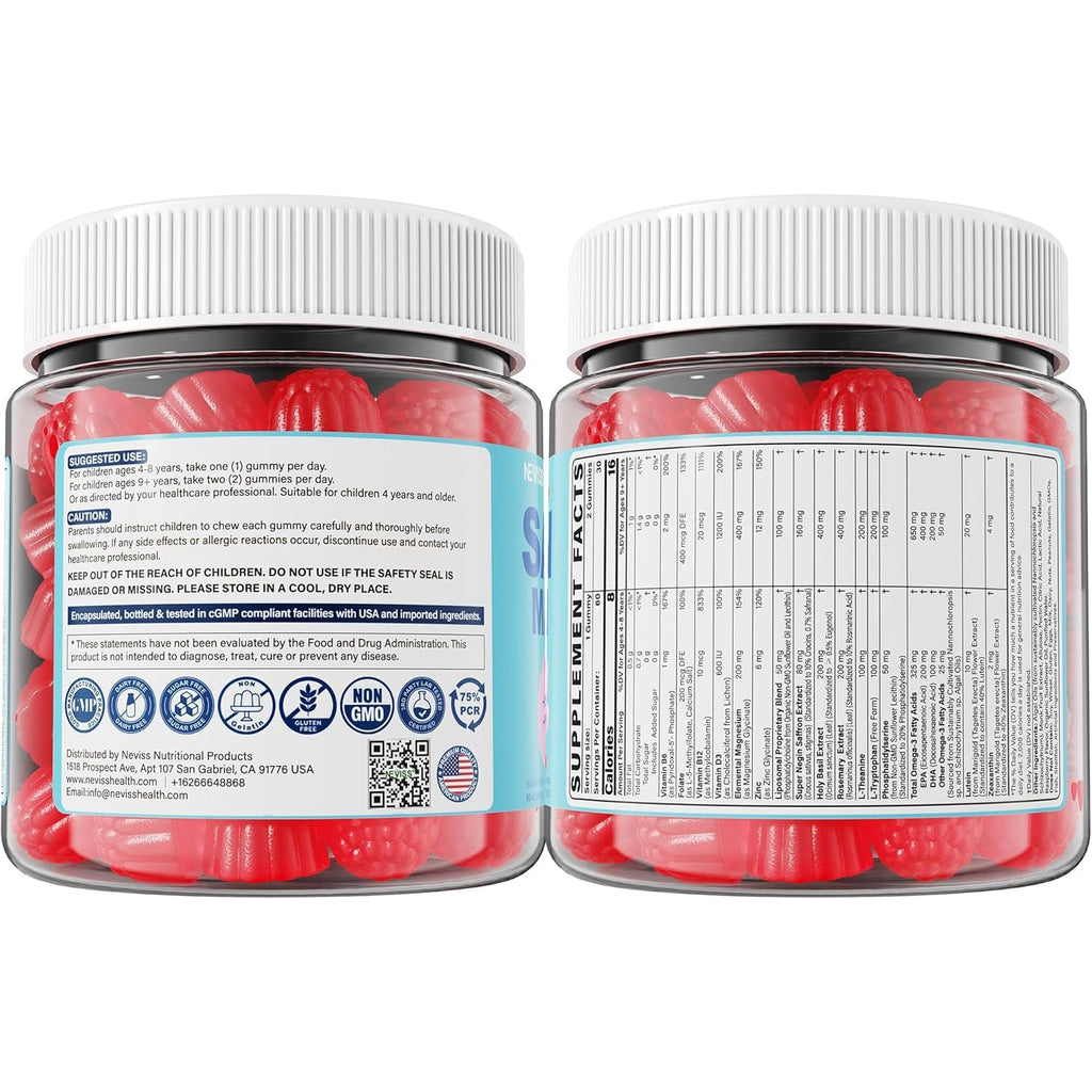 Saffron +Magnesium Glycinate +Omega-3 - Calm Focus Gummies for Kids 4+, Saffron Extract Supplement with L-Theanine, Holy Basil, Rosemary, B6, D3 for Happy Mood, Cognition, Zzz, Sugar Free, 2 Pack