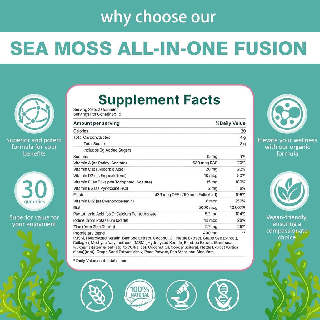 Revive Hair Gummies - Sea Moss Gummies with Hair, Skin & Nails Vitamins with Seamoss, Pearl Powder, Vitamin E, Aloe Vera, Liposomal Vitamin C, 30 Count