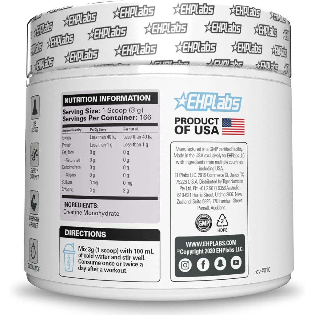 EHP Labs CREA-8 Micronized Creatine Monohydrate Powder - Unflavored Creatine Powder for Muscle Growth, Increased Strength, Enhanced Energy Output and Improved Performance - 100 Servings (500G)