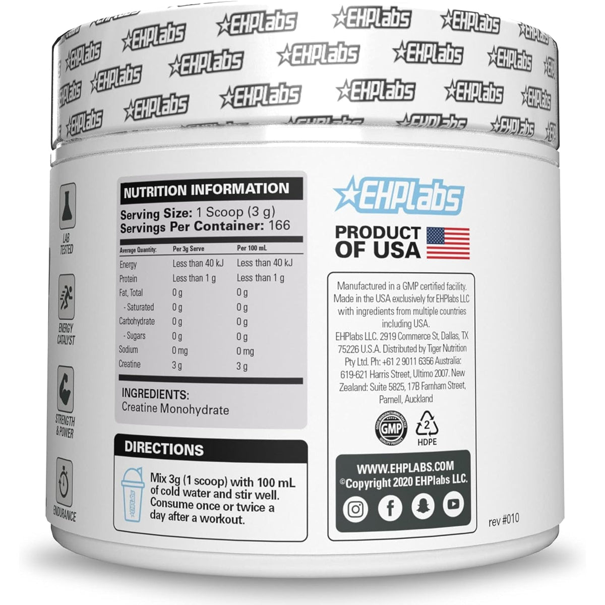 EHP Labs CREA-8 Micronized Creatine Monohydrate Powder - Unflavored Creatine Powder for Muscle Growth, Increased Strength, Enhanced Energy Output and Improved Performance - 100 Servings (500G)