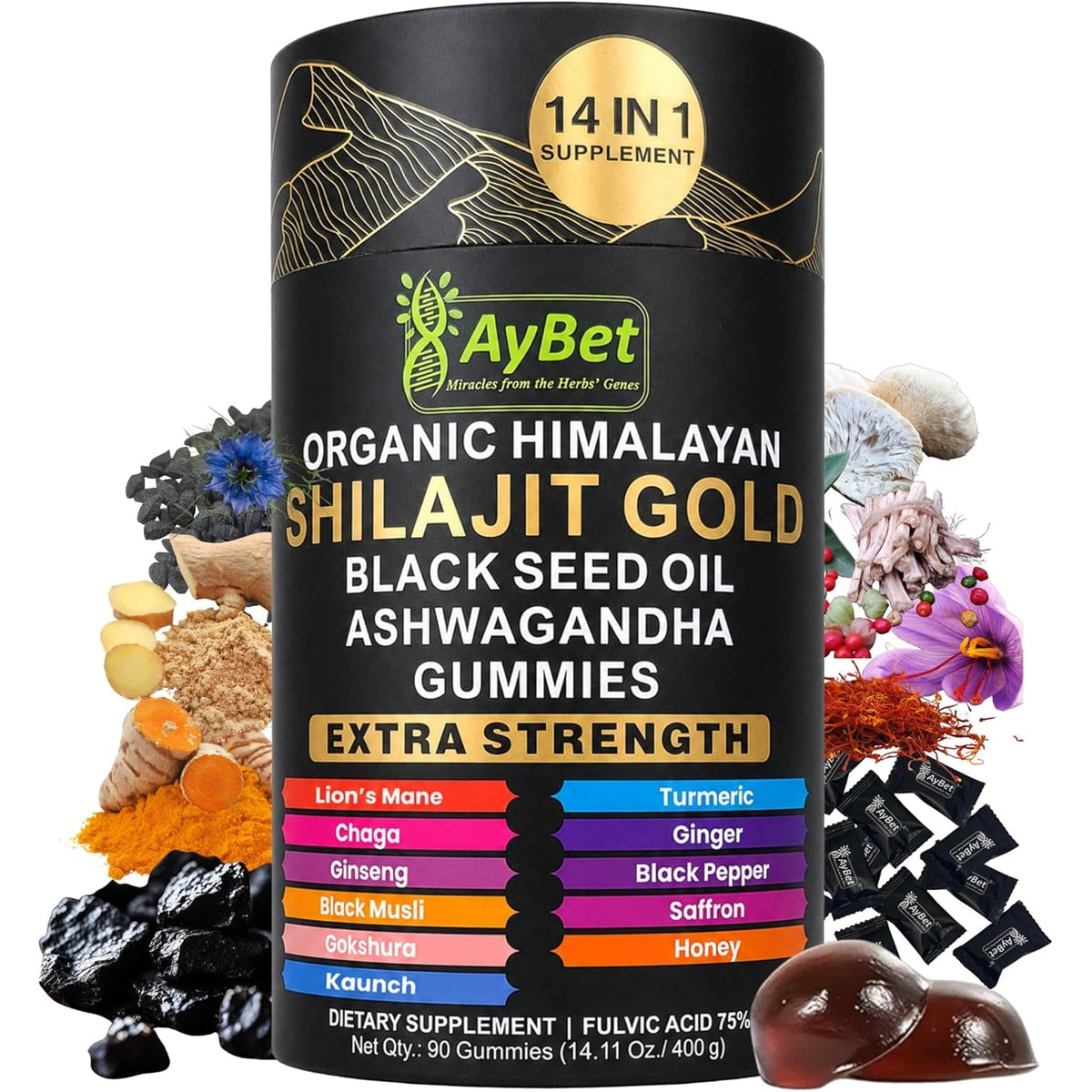 Organic Himalayan Shilajit Gold Gummies for Men and Women, Black Seed Oil, Ashwagandha, Ginseng, Turmeric, Gokshura, Lion'S Mane, Lab Tested, No Sugar Added, Halal, 90Gummy