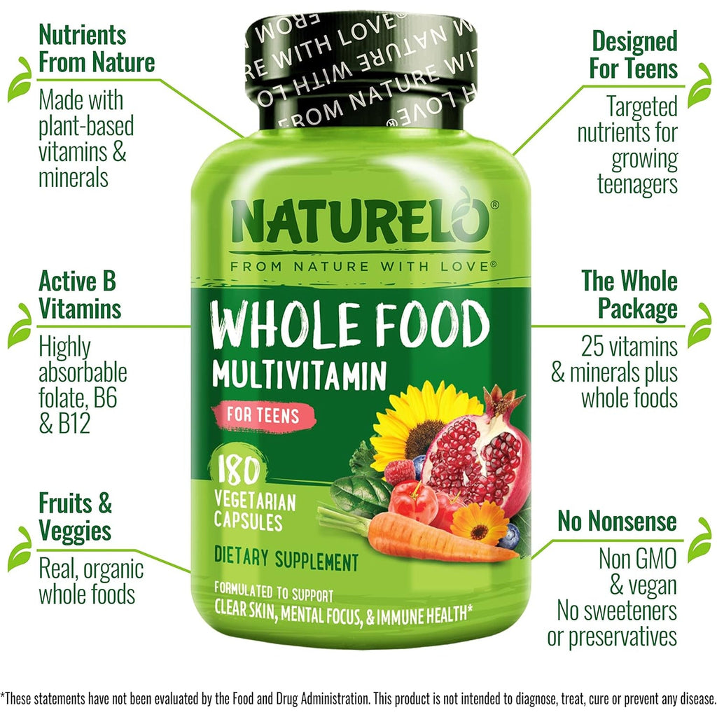 NATURELO Multivitamins for Teenage Girls/Boys, 180 Capsules, Whole Food Multivitamin with Minerals, Non-Gmo, Vegetarian