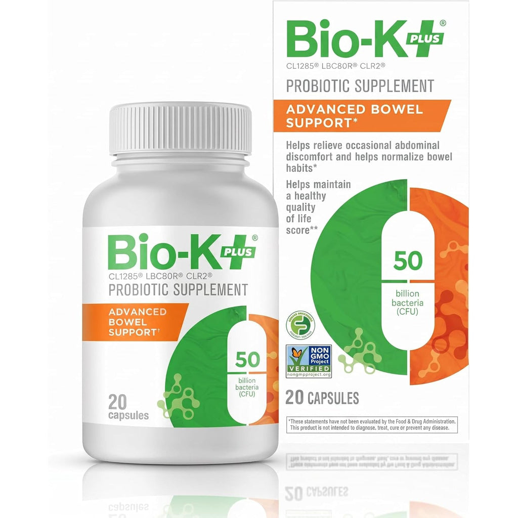 Bio-K+ Probiotic Advanced Bowel Support – 50 Billion CFU – Vegan, Gluten-Free, Non-Gmo – Supports Digestive Health & Regularity – for Men & Women – 20 Probiotic Capsules