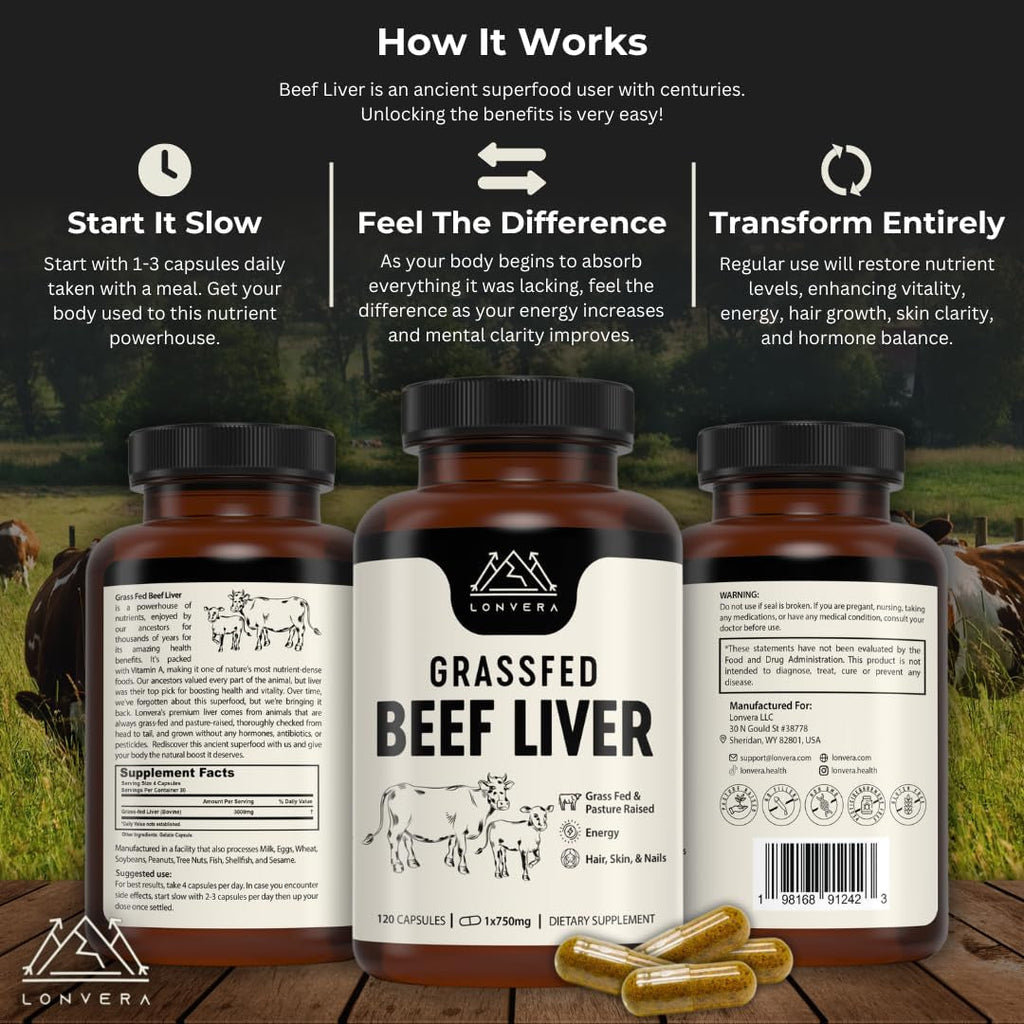 Lonvera Grass Fed Beef Liver Capsules for Women and Men – 3000Mg Freeze Dried Desiccated Organs – Nutrient Source for Joints, Bones, Hair, Skin, Nails & Daily Energy – 120 Pasture-Raised Capsules