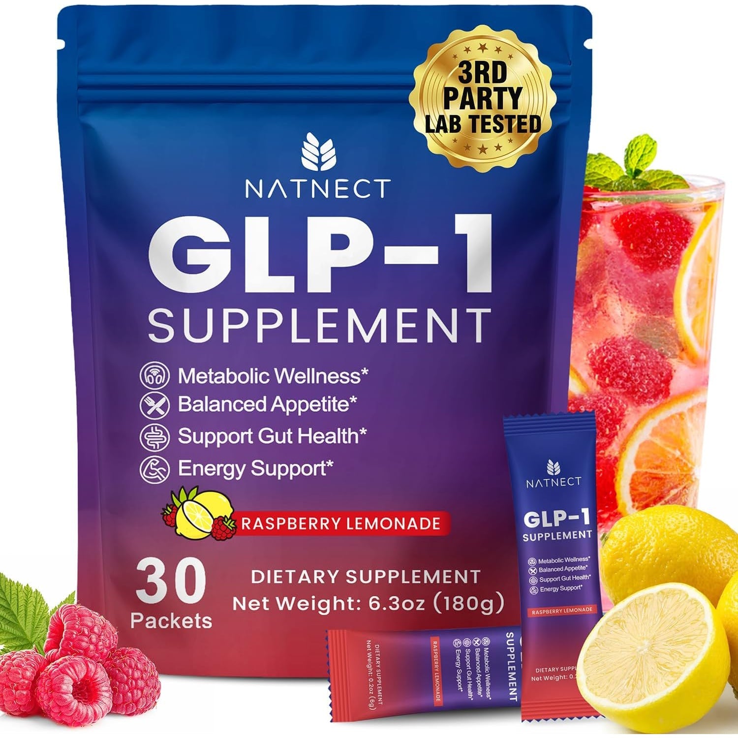 GLP-1 Supplement, Natural GLP 1 Booster Drink Mix for Weight Loss, Appetite Control and Metabolism Boost Support, Contains Yerba Mate, Garcinia Cambogia, Berberine (Raspberry Lemonade Flavor)